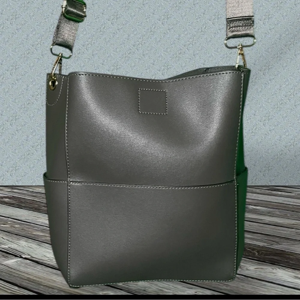 Mersi Vegan Leather Demi Bucket Bag With Detachable Straps Gray